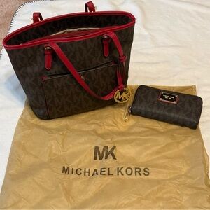 Michael Kors Brown and Red purse + wallet set